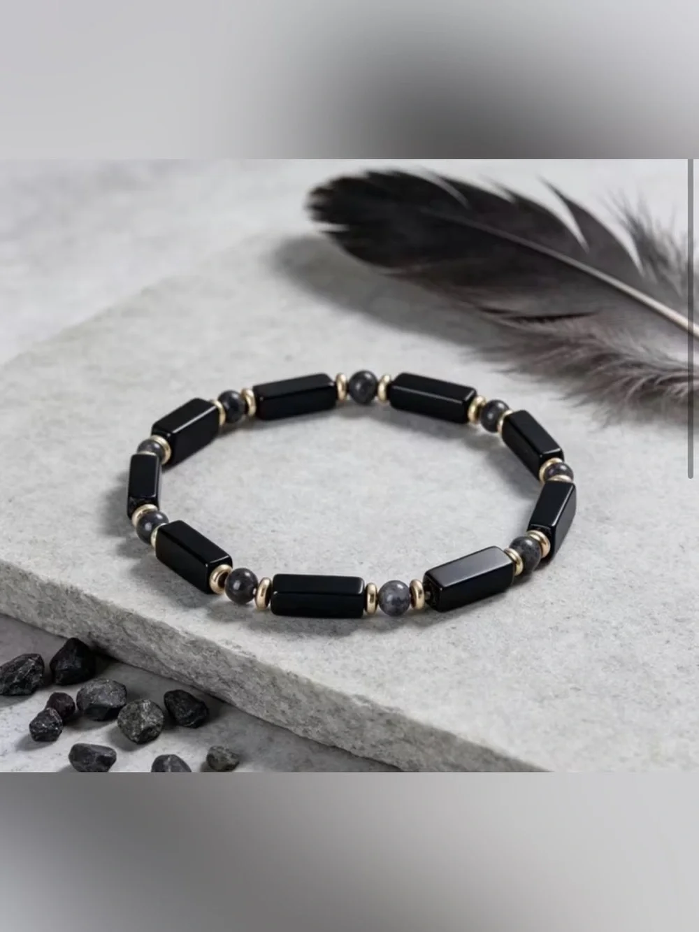 Black Onyx Beaded Bracelet with Gold Accents - Unisex - New